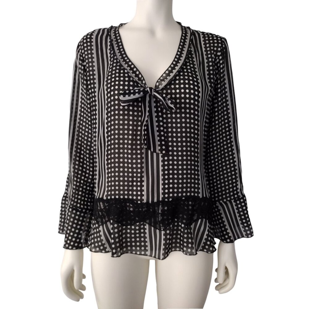 Vintage 90s Black and White Crinkle Polka Dot Striped Semi Sheer Blouse